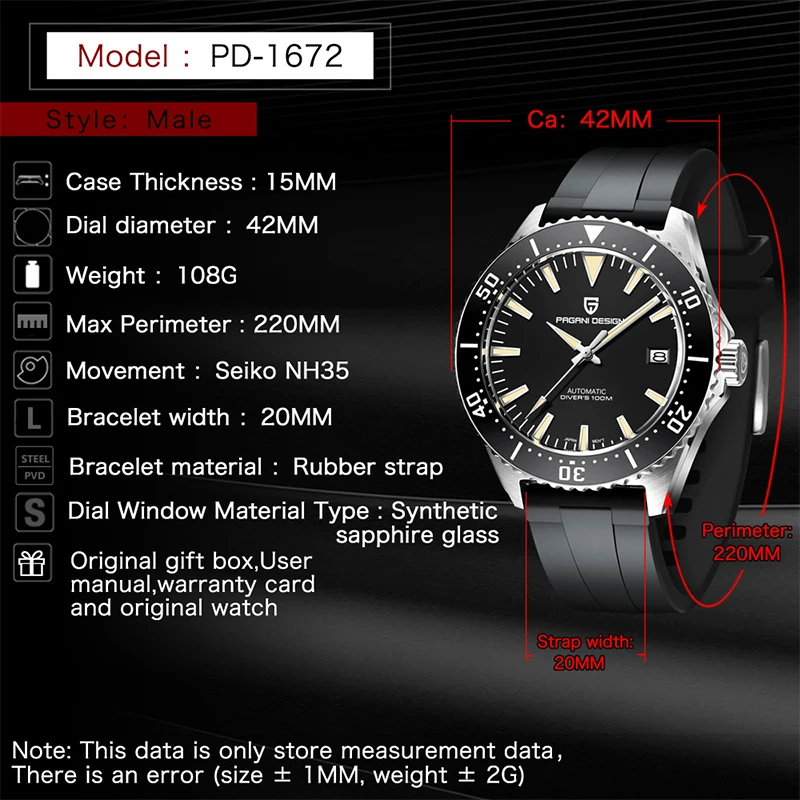 

PAGANI DESIGN Brand Fashion Men's Watch Sapphire Glass 100M Waterproof Luminous Hands Business Mechanical Watches zegarek meski