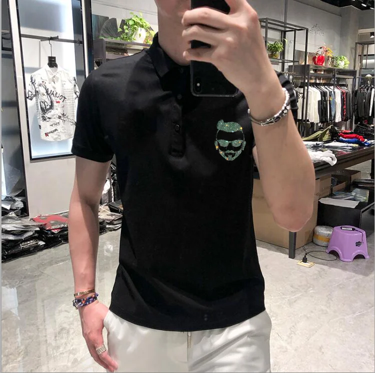 brand casual summer Rhinestones short sleeve polo shirt men Diamond stone luxury mens polos tee shirts dress fashio | Мужская одежда