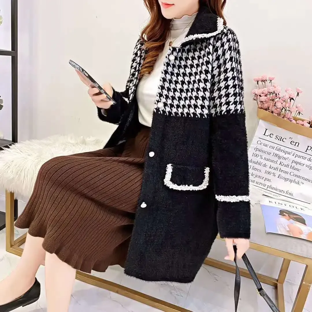 

Women Houndstooth Knitted Faux Mink Fur Coat Long Plaid Jacket