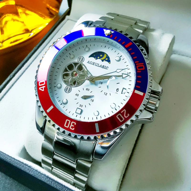

AOKULASIC Moon Phase Automatic Watch Men Luxury Mechanical Wrist Watches Tourbillon Mens Top Brand Chronograph WristwatchClock