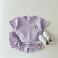 korean baby kids short sleeve clothing sets boys girls cotton tshirt short sets flower tops shorts 2pcs children clothes sets