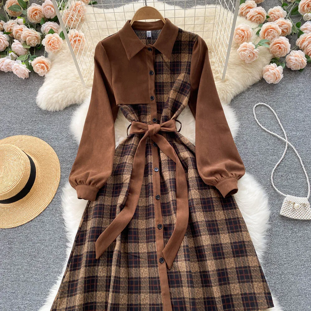 Женское платье-рубашка в клетку с длинным рукавом и кружевной талией - купить по