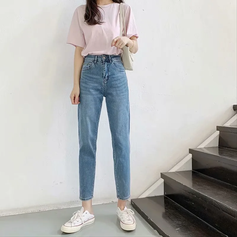 

Summer new style street solid color high waist small feet jeans women, versatile thin skinny washed stretch nine points jeans