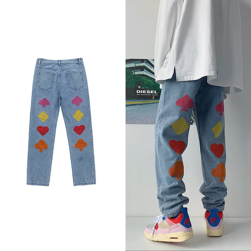 

Джинсы мужские свободные, с вышивкой в виде покера, большого размера, 4XL