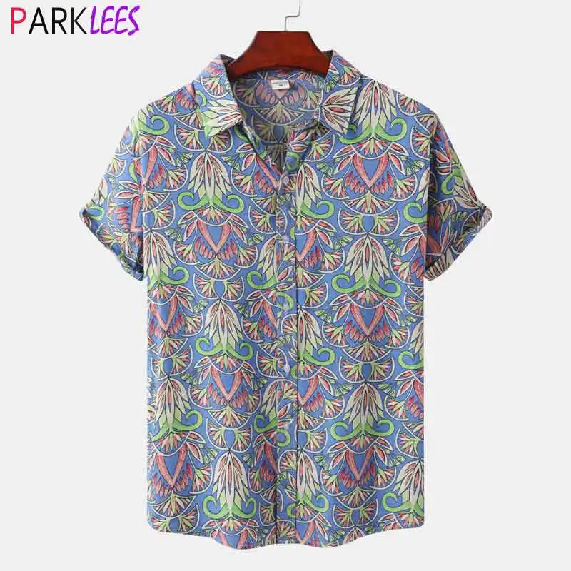 

Mens Hawaiian Shirt Short Sleeve Fashion Lotus Print Vintage Style Beach Shirt Casual Button Down Short Sleeve Party Aloha Shirt