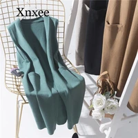 wool solid color loose long coat female autumn sleeveless knitted vest women korean fashion v neck ladys sweater wool cardigal