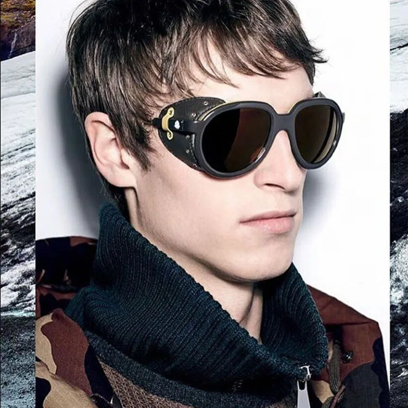 

New Arrival 2019 Fashion Luxury Leather Side Shield Rivet Wrap Steampunk Sunglasses Brand Designer Black Round Vintage Man Gift