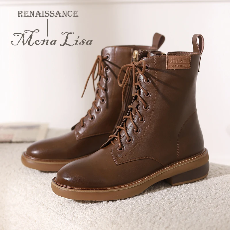 Jual 2022 Baru Tiba Sepatu Hak Menengah Wanita Alas Kaki Kulit Asli Ujung Bulat Renda Sisi Ritsleting Nyaman Sepatu Bot Sepeda Motor Wanita