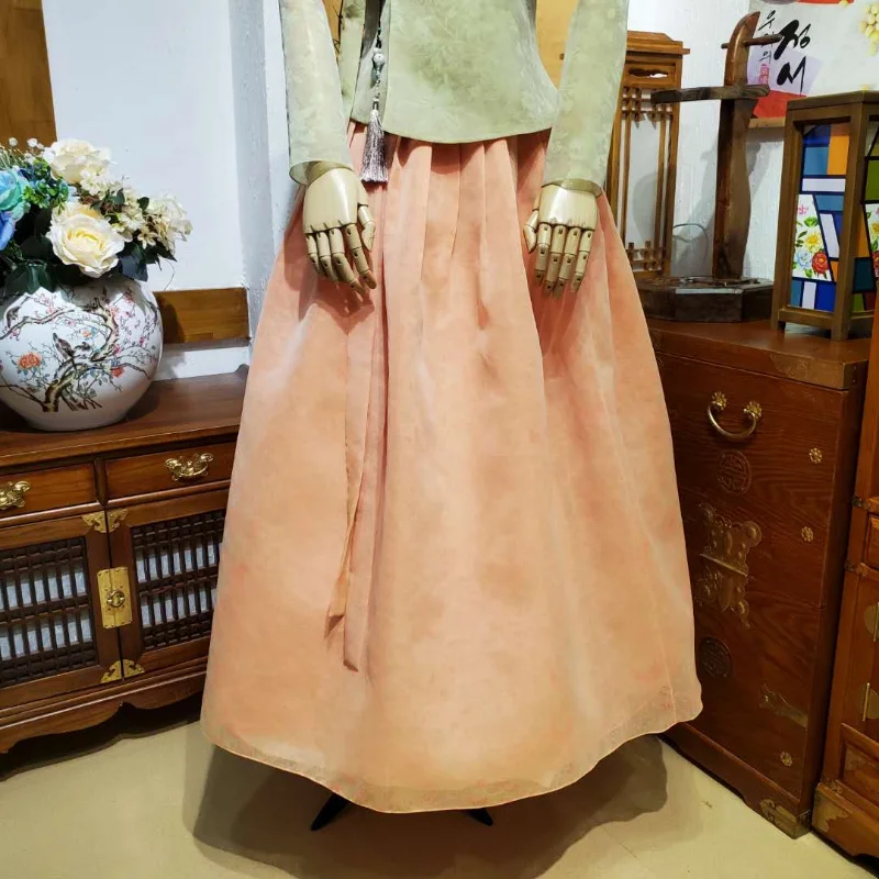 

Korean Hanbok Black High-quality Mesh Top and Khaki Satin Skirt Women's Korean Traditional Costumes Ethnic Dance Cosplay
