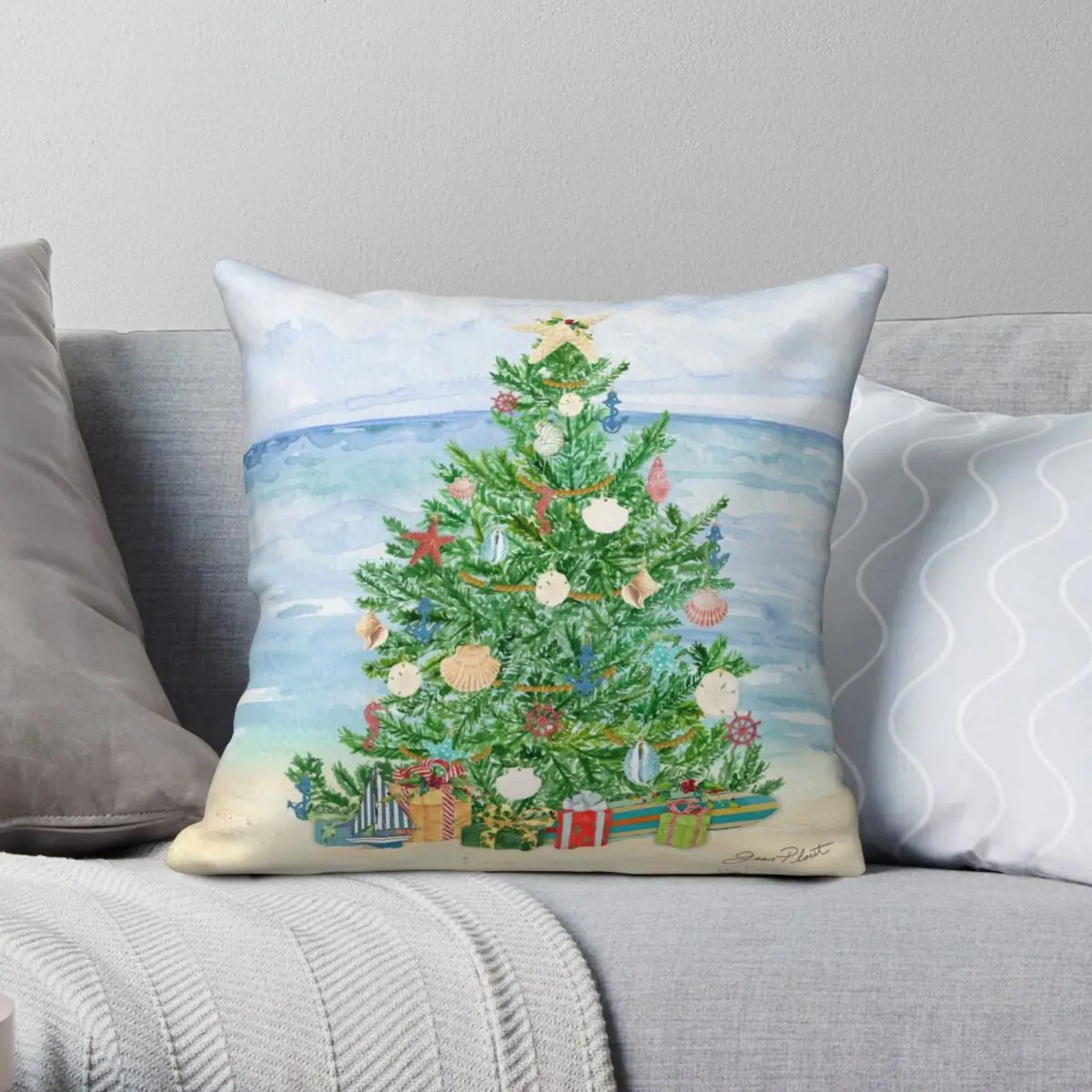 

Coastal Christmas B Square Pillowcase Polyester Linen Velvet Printed Zip Decor Throw Pillow Case Sofa Seater Cushion Cover