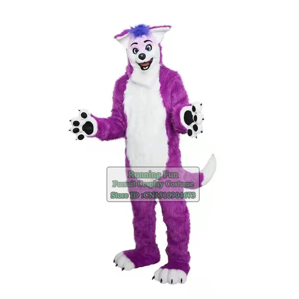 

Purple Long Furry Fox Wolf Husky Dog Mascot Costume Animal Fursuit Adult Cartoon Character Cosplay Suit Movie Props