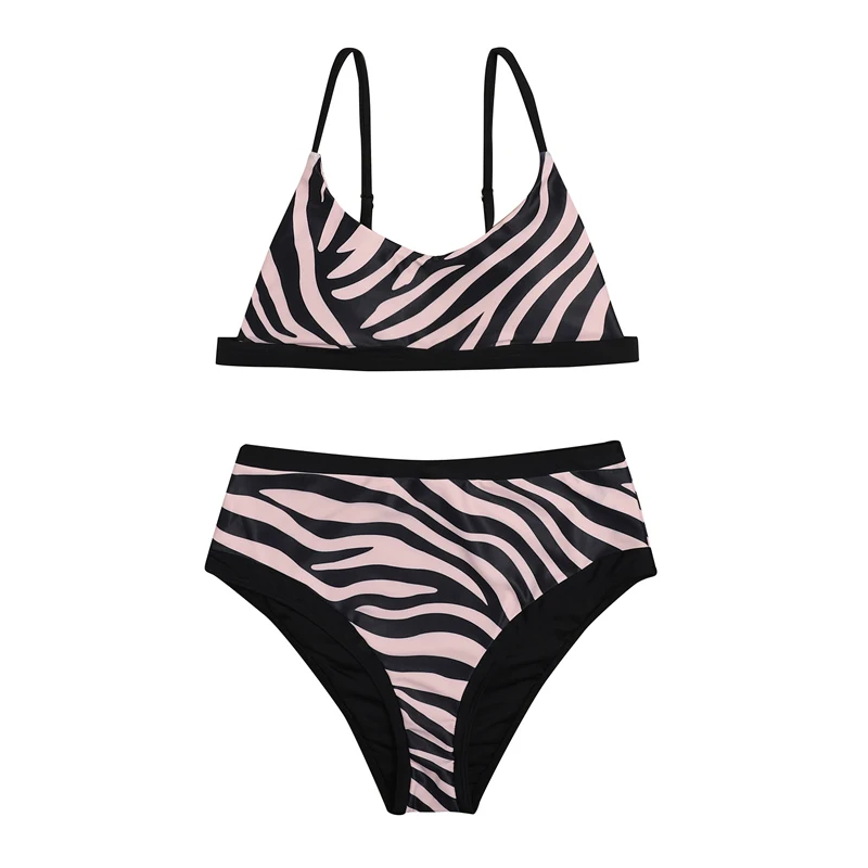 

Printed Striped High Waist U Collar Split Bikinis Women Swimsuit Set Swimwear Female 2021 New Swim Beach Pool Bathing Suits
