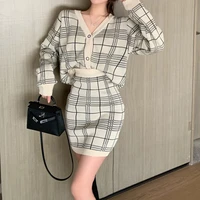 women sexy casual suits skirt plaid bodycon skirt knitted cardigan two piece set elegant sweet sweater coats lady korean