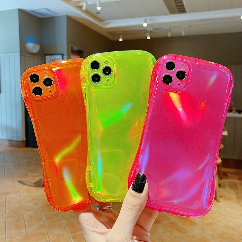 new hot fluorescent shockproof transparent soft phone case for iphone 11 pro max xr xs max 8 7 6 6s plus se2020 neon back cover free global shipping