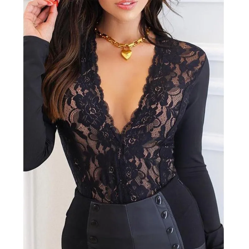

Elegant Sexy Deep V neck Full Sleeve Women Blouse Tops Eyelash Crochet Lace Plunge Top