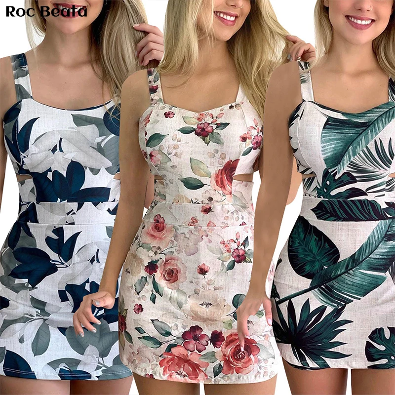 

Summer Dress Women Floral Print Low-Neck Sexy Elegent Suspender Straight Dresses