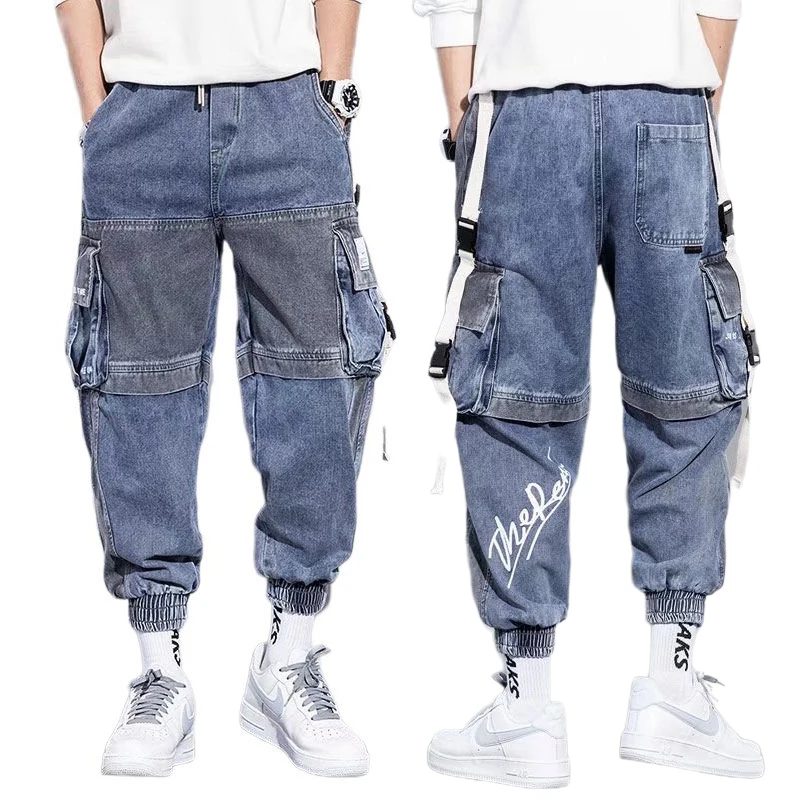 

Джинсы-карго в стиле пэчворк, мужские повседневные синие брюки-карго с карманами в стиле хип-хоп, мешковатые джинсы с низкой посадкой