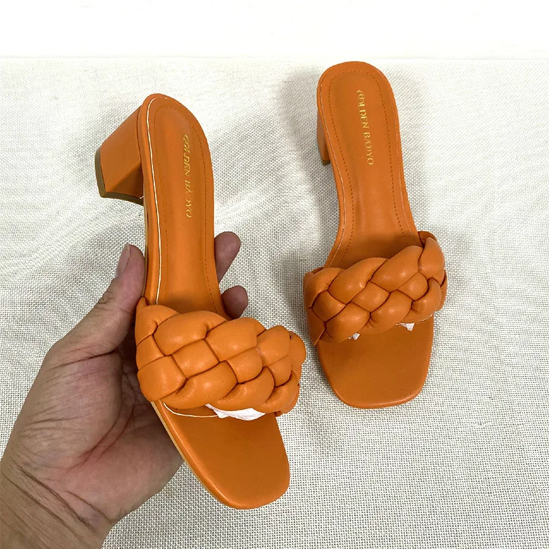 

Square Low Heel Woman Sandals 2021 Summer Shoes Weave Open Toe Fashion Sandals Women Heels Leather Casual