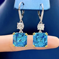 women luxury earring s925 sterling silver ear hook aqua blue square pagoda 1212mm high carbon diamond drop earrings jewelry