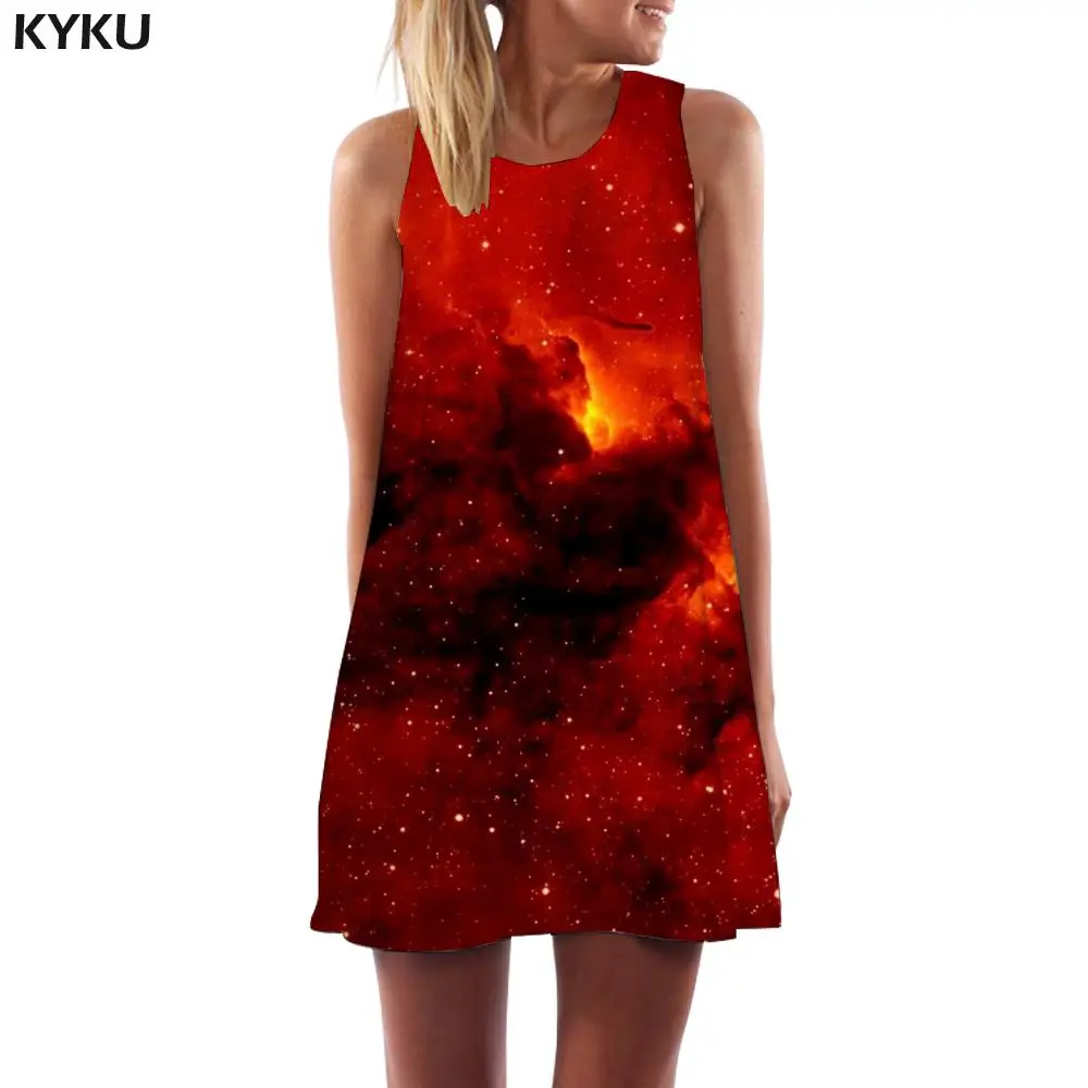 

KYKU Brand Galaxy Dress Women Nebula Korean Style Space Boho Red Beach Womens Clothing Summer Sleeveless Tunic Large Sizes