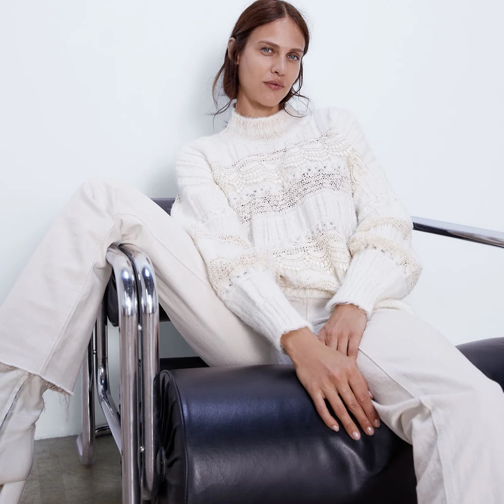 Свитер ZA в Корейском стиле Женский пуловер с воротником средней длины оборками и