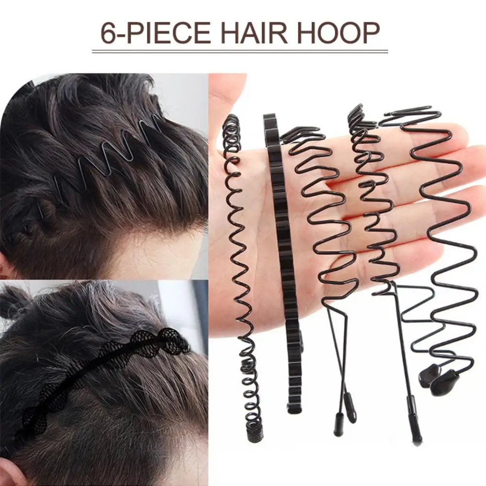6pcs Men Women Unisex Black Wavy Hair Clip Head Hoop Band Sport Headband Hairband Fashion Simple Metal Hair Hoop Accessories