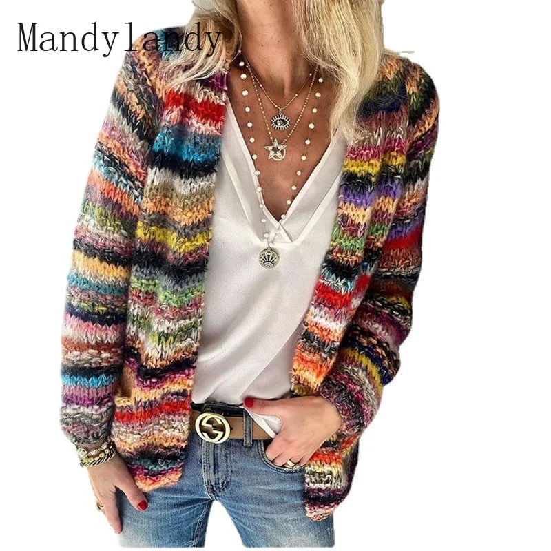 

Mandylandy Coat Sweater Autumn Casual Long Sleeve Knitted Coat Women's Fashion Loose Striped Cardigan Sweater