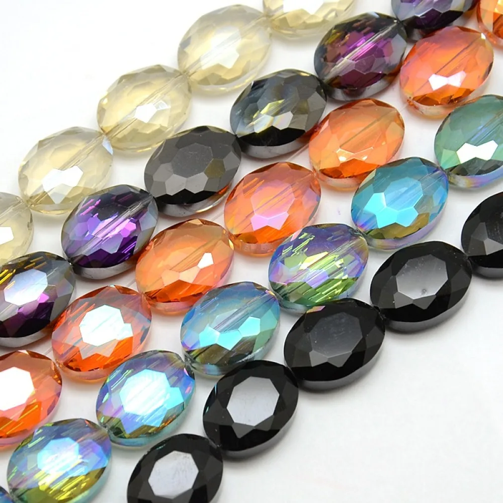 

5 Strand Faceted Electroplate Crystal Glass Oval Beads Strands Mixed Color,16x12x7mm, Hole: 1mm; about 50pcs/strand, 25.1"
