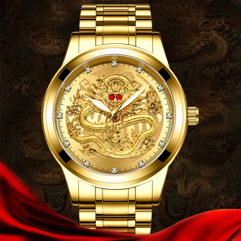 

Analog Clock Luxury Luminous Round Dial Quartz Sculpture Gold Dragon Men Watch Stainless Steel Waterproof Calendar Fashion Wrist