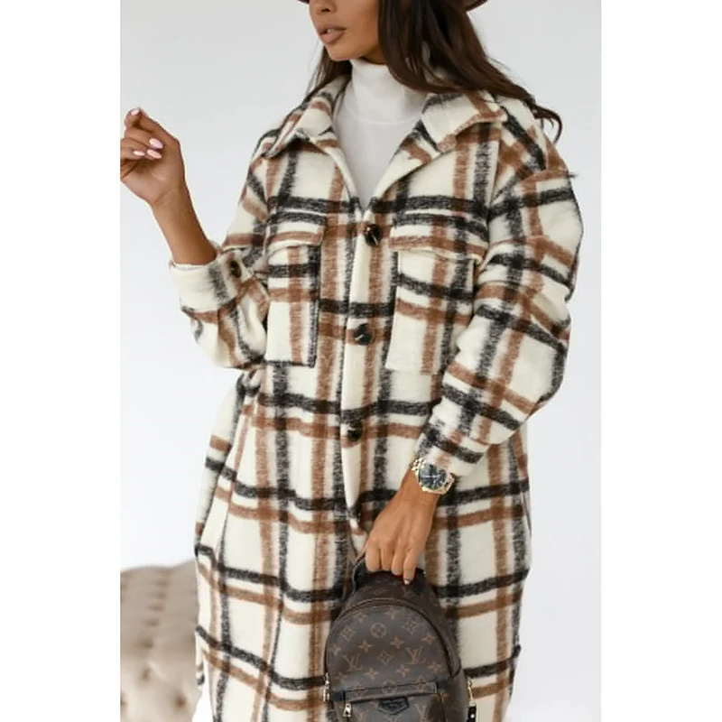 

Autumn And Winter Hot New Fashion Button Lapel Casual Warm Plaid Long Woolen Coat