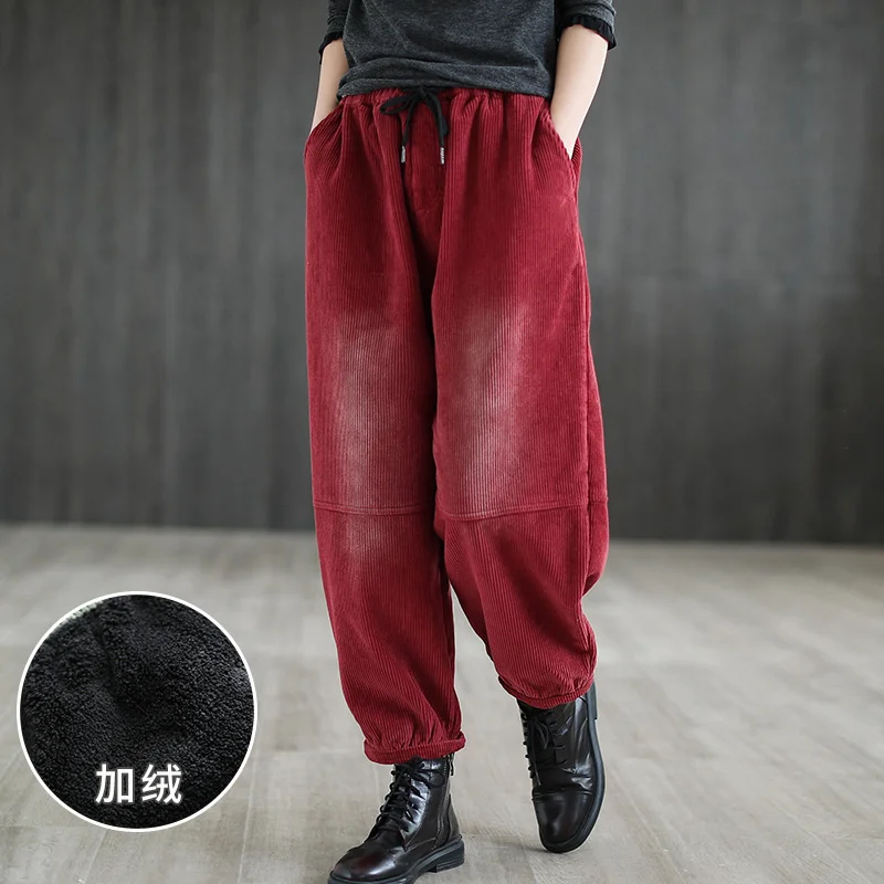 Elastic Waist Clothing New Winter Corduroy Thickened Trousers Women's Pants Splicing Plush Warm Clothes Female