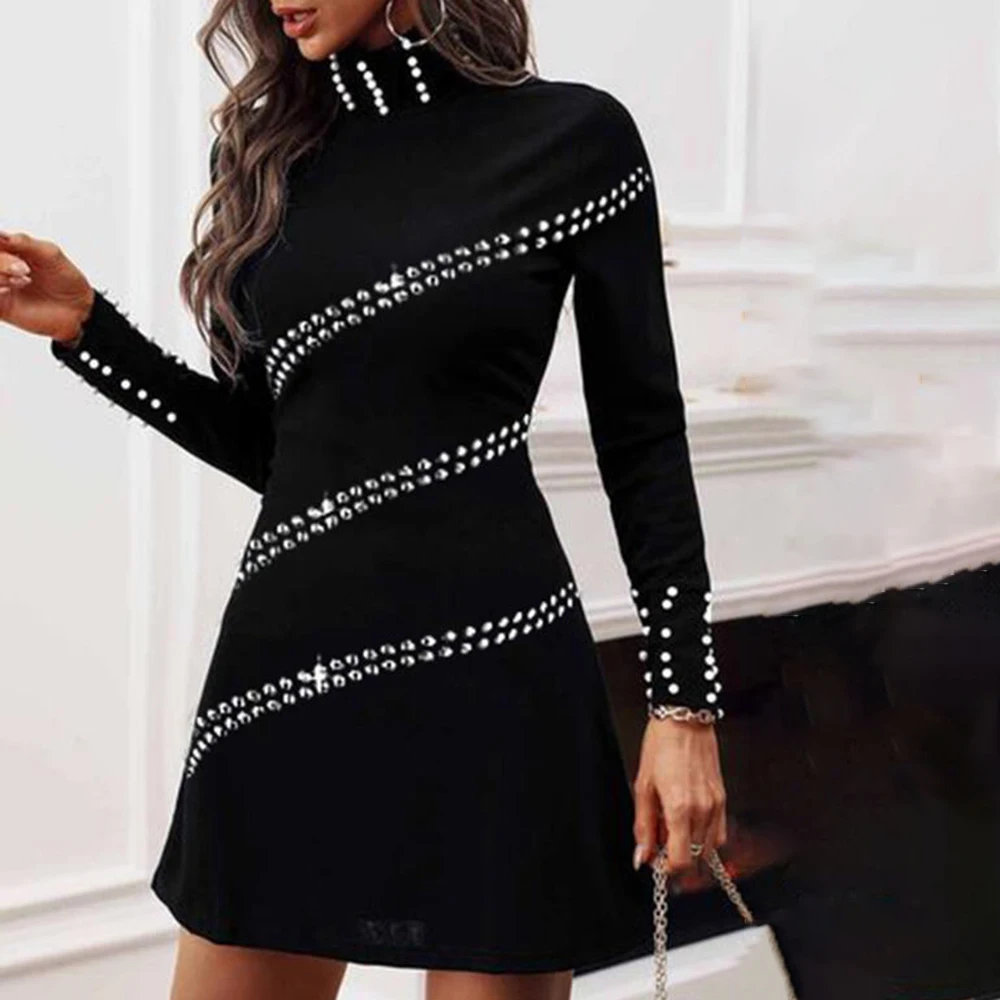 

Fashion Women Black Dress Long Sleeve Round Neck Solid Color Mosaic High Waist Pullover Patchwork Autumn Lady Dress Elegant