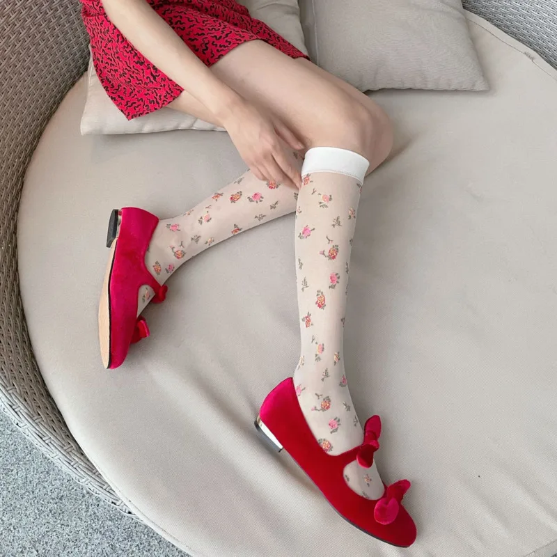 

SP&CITY Summer Country Style Women's Stocking Small Floral Print Transparent Lolita Socks Knee Socks Girl Clothing Accessories