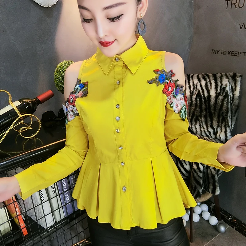2020 сексуальные открытые плечи с длинным рукавом желтые рубашки женские