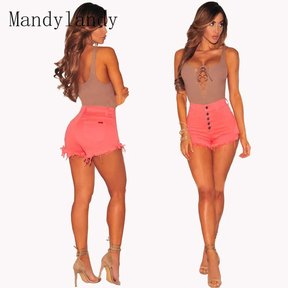 

Mandylandy Women's Sexy Single-Breasted Shorts Spring and Summer Fashion Solid Color High Waist Slim Tassel Straight Shorts