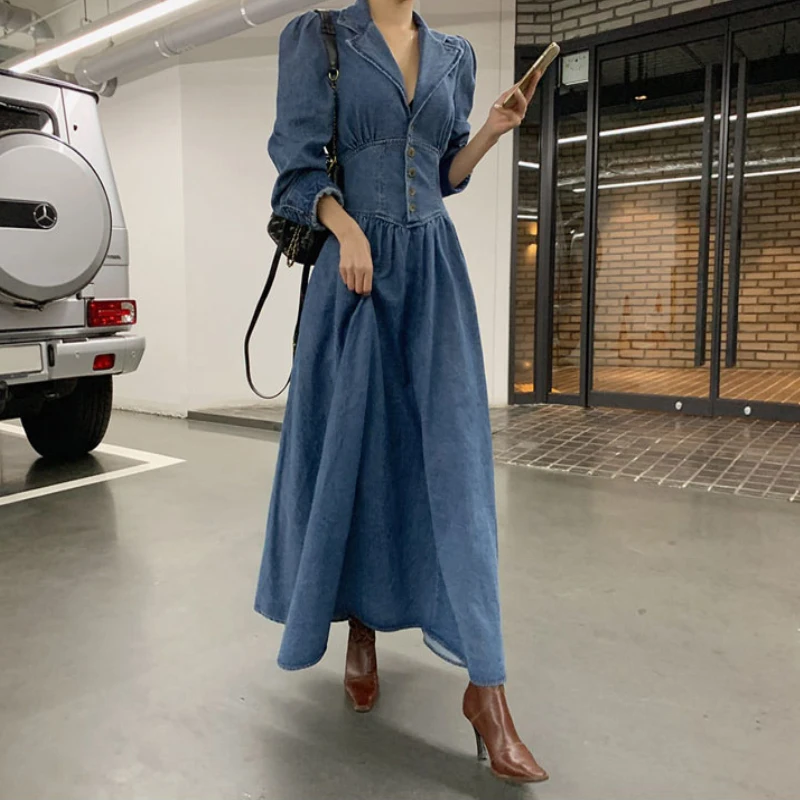 

Korean chic suit collar long sleeve slim waist elegant denim long knee-length retro denim dresses