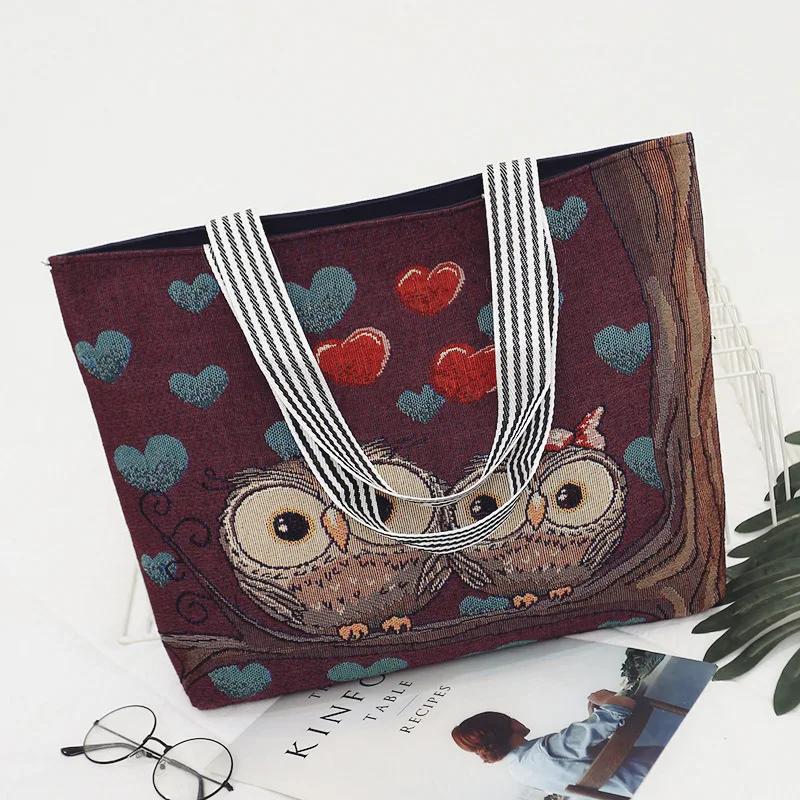 

New Women's Simple Fashion Canvas Bag Embroidered Shopping Bag Eco-friendly Bag Shoulder Bag Owl Pattern Handbag