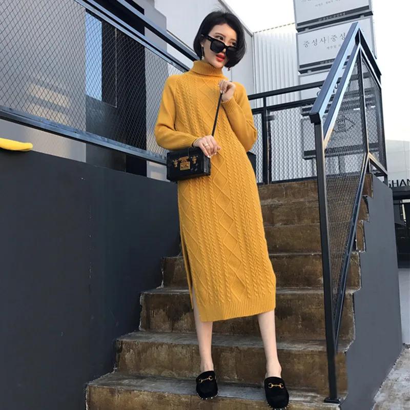 

Women's Autumn and Winter Clothing Knit Loose Long Paragraph Over the Knee High Collar Lazy Wind Sweater Thick Split Ends Dress