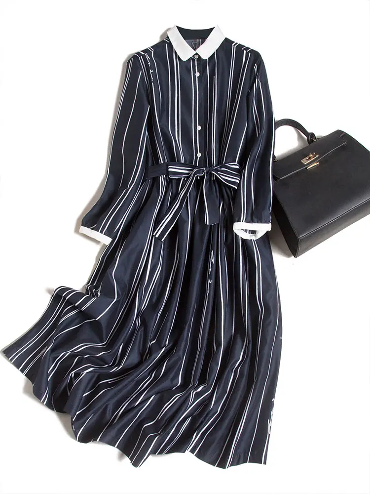 Женское платье-рубашка средней длины, притягательное платье из шелка тутового шелкопряда и хлопка в полоску, с воротником для младенца
