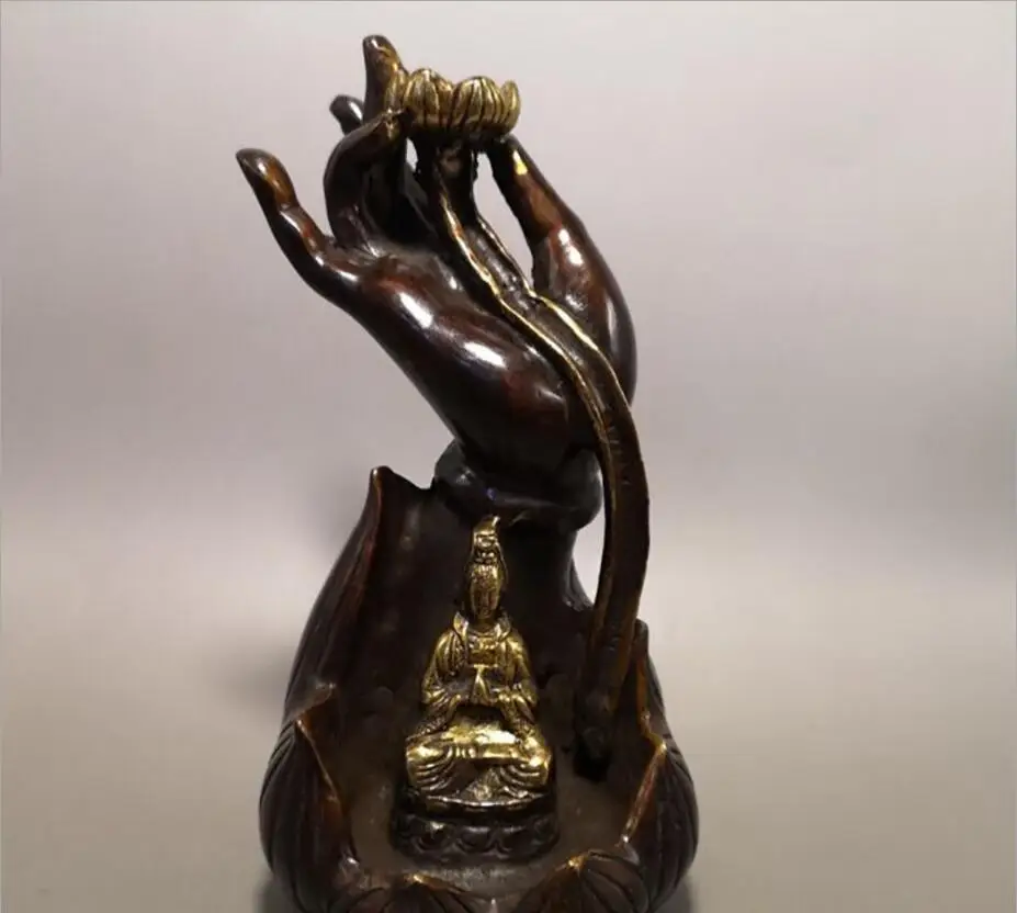 Медная статуя медная позолоченная Avalokitesvara ручной обратный поток курильница