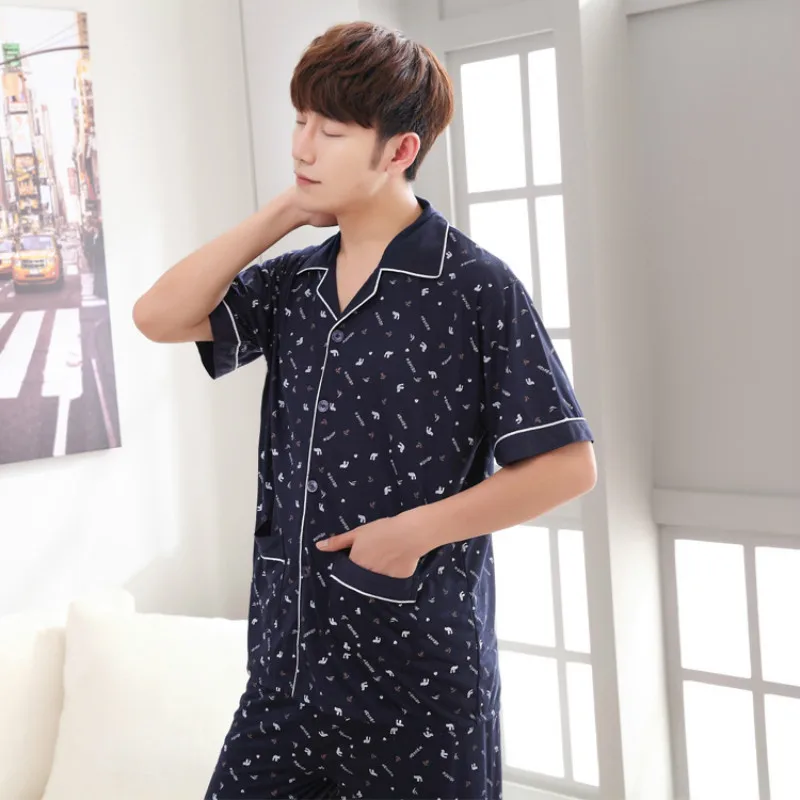 Мужская Хлопковая пижама синяя Домашняя одежда летняя Пижама темно-синие брюки с