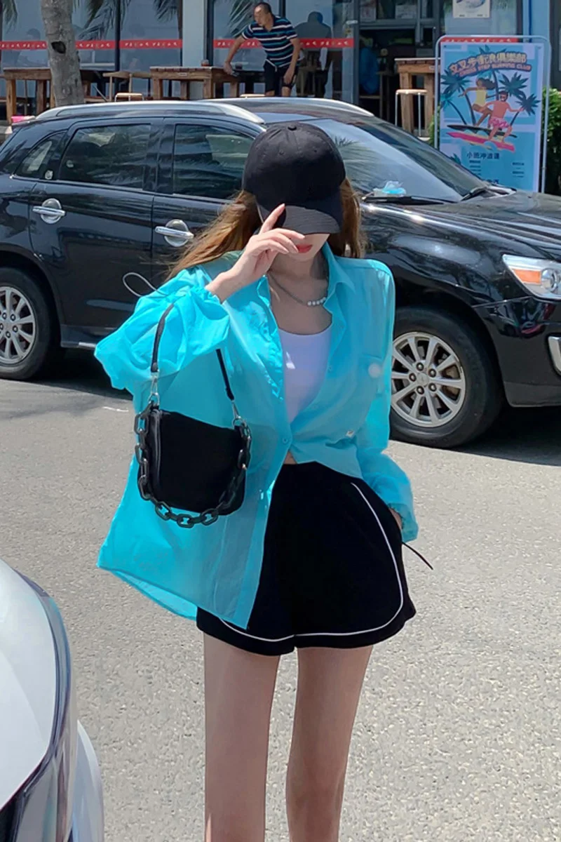 

COIGARSAM Casual Full Sleeve Womens tops Loose Elastic Waist Thin Women shirts Blue White Shirt Black Shorts 0728