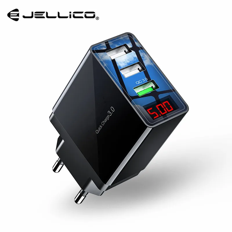 Jellico QC 3,0, 3 порта, USB зарядное устройство для телефона, светодиодный дисплей, штепсельная вилка европейского стандарта, всего макс. 3 А, умное быстрое зарядное устройство, мобильное настенное зарядное устройство для iPhone, iPad