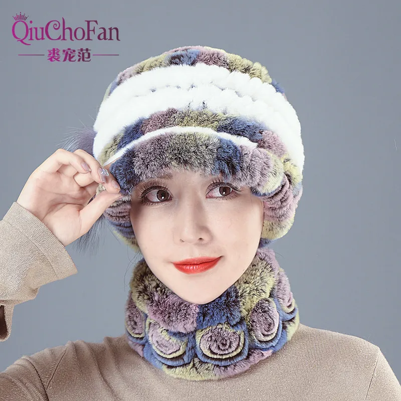 

New Women Winter Knit Real Rex Rabbit Fur Hat Scarf Sets Natural Warm Fur Cap Scarves 2 Pieces Girl Quality Real Fur Hat Muffler