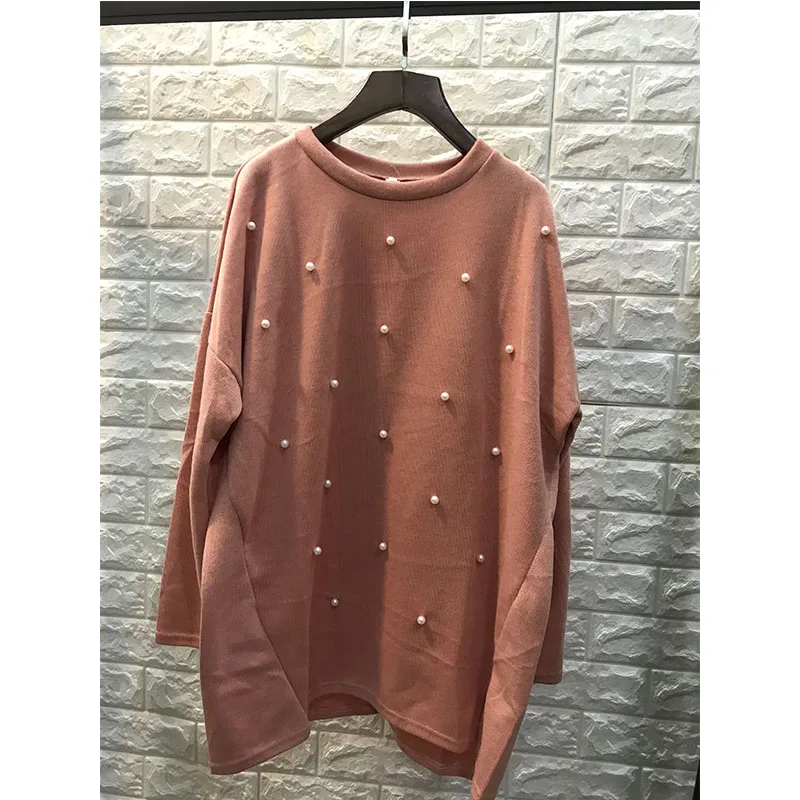 

Large size women's 2019 Autumn Round Neck pullover long Sleeve Split beading sweater Plus Size Winter femme Clothing Casual Tops