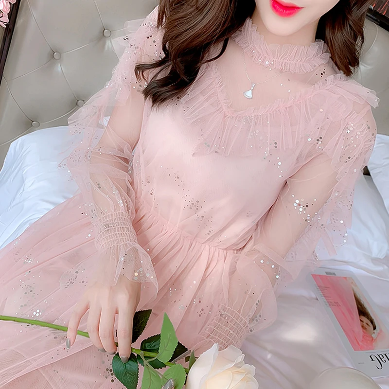 

Medium-length Dress Women's Dresses 2020 Spring New Round Neck Long Dresses Dot Long Sleeve Mesh Dress Woman Party Night 755J