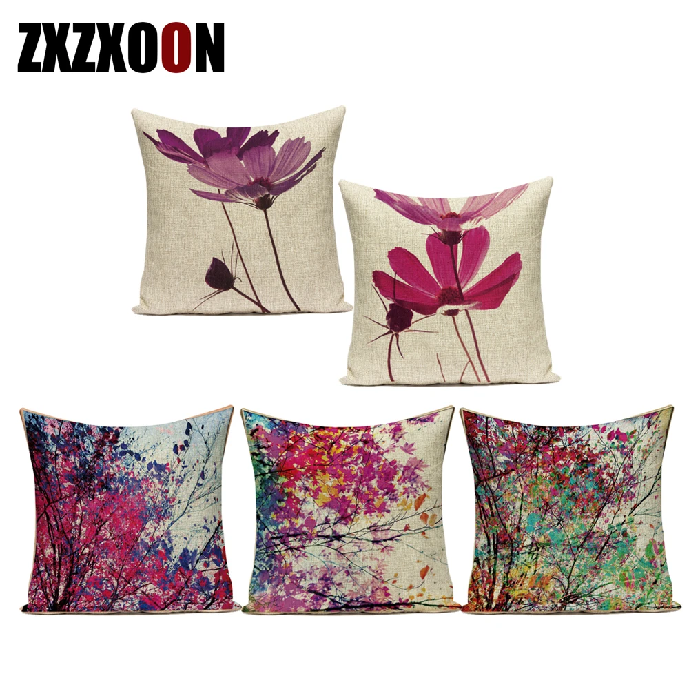 

Наволочка для диванной подушки из полиэстера, с изображением розовых и фиолетовых цветов, деревьев, наволочка Almofadas