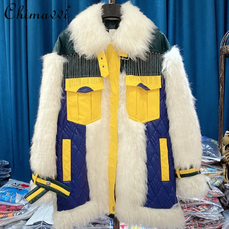 

2021 Winter New Women's Tuscan Lamb Fur Integrated Streetwear Coat Ladies Motorcycle Fashion Patchwork Office Lady Fur Jacket