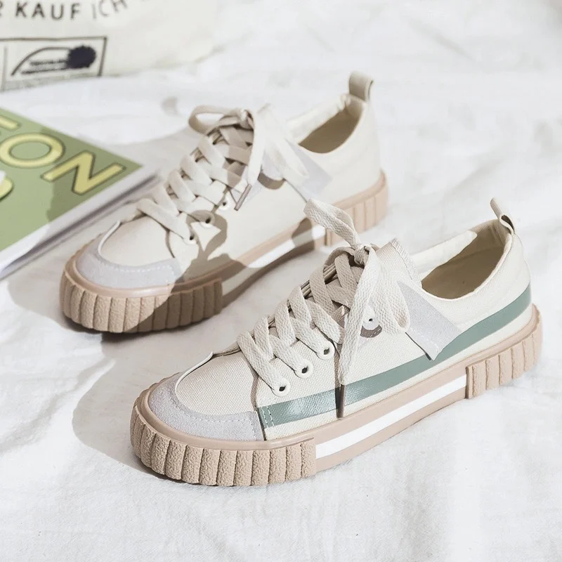 

Sneakers Women's Sports Shoes Kawaii Lolita Casual Flats 2021 New Spring Fashion Striped Canvas Vulcanize Footwear