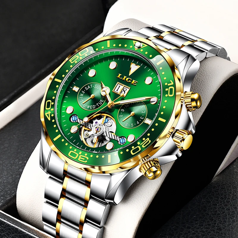 

Часы наручные LIGE Мужские механические, роскошные брендовые водонепроницаемые Модные с турбийоном, из нержавеющей стали, 2021